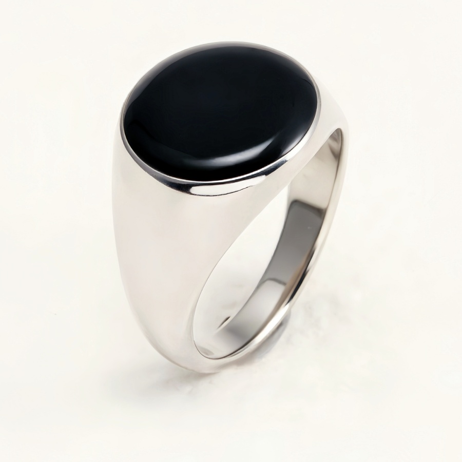 Minimalist Oval Black Gem Silver Ring, Classic Unisex Band | DZ125