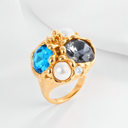 Luxurious Gemstone and Pearl Decorative Stainless Steel Ring Women's Ring | G004495-JinBaoJewerly