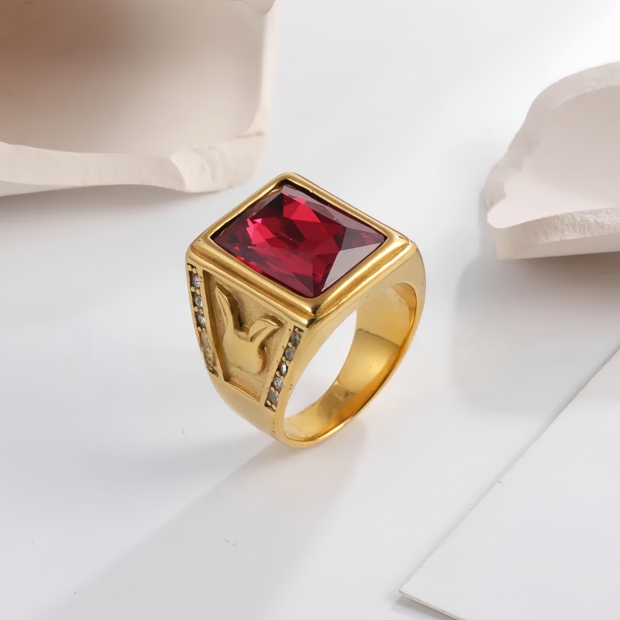 Vintage 24K gold-plated square crystal stainless steel ring for men | BL101-JinBaoJewerly