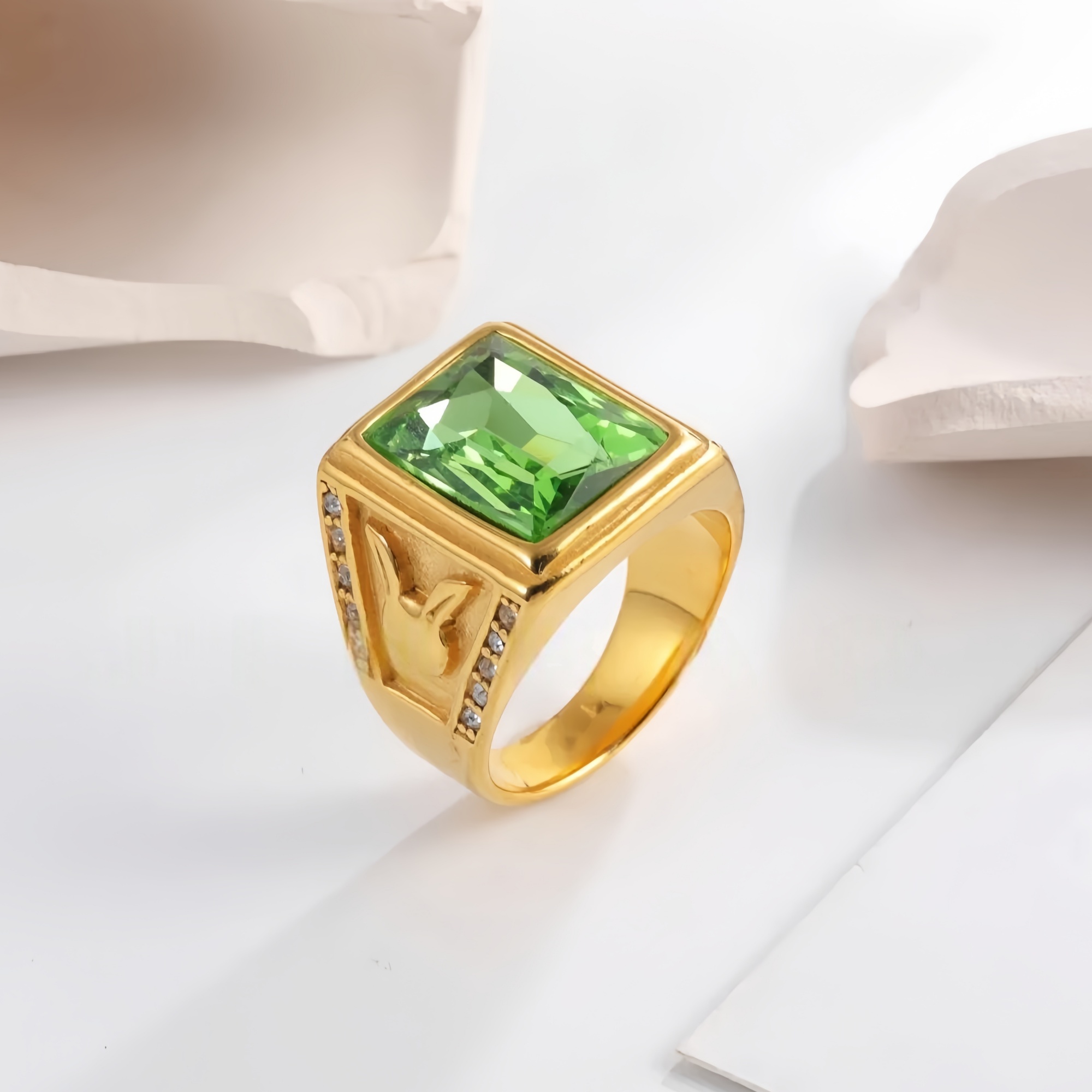 Vintage 24K gold-plated square crystal stainless steel ring for men | BL101-JinBaoJewerly