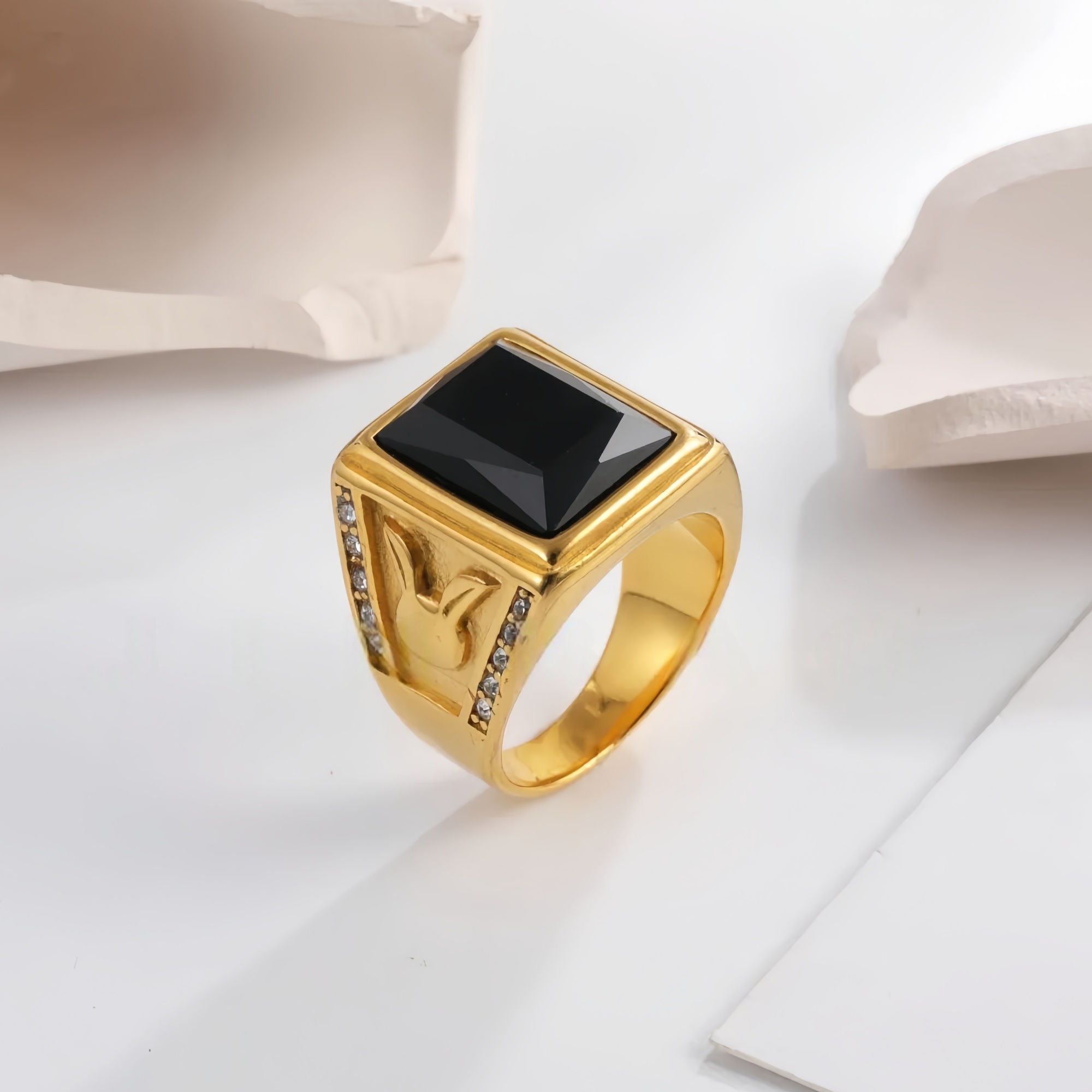 Vintage 24K gold-plated square crystal stainless steel ring for men | BL101-JinBaoJewerly