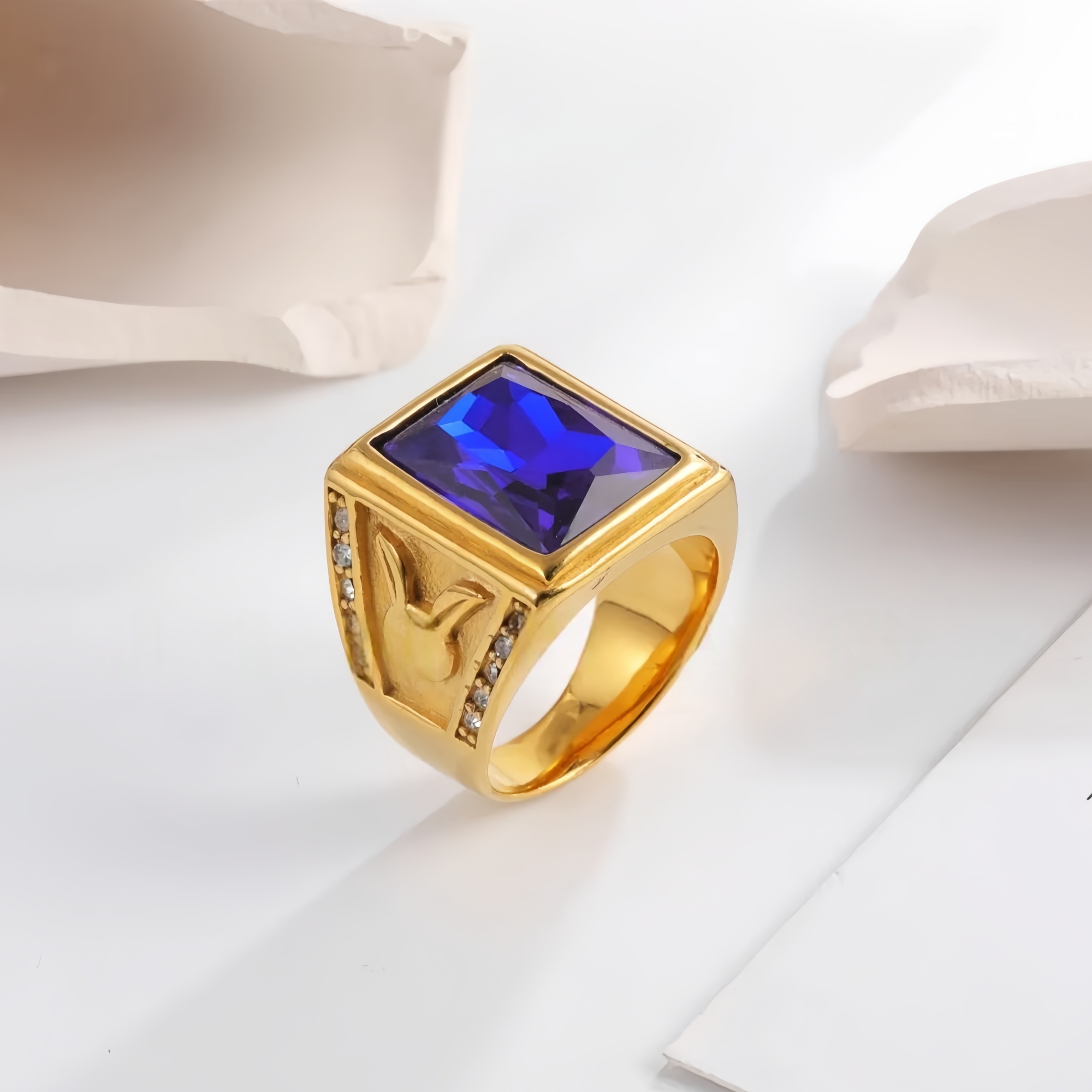 Vintage 24K gold-plated square crystal stainless steel ring for men | BL101-JinBaoJewerly