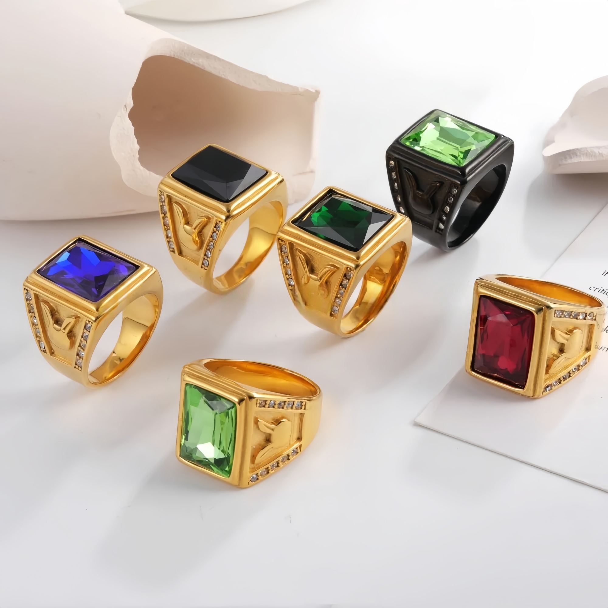 Vintage 24K gold-plated square crystal stainless steel ring for men | BL101-JinBaoJewerly