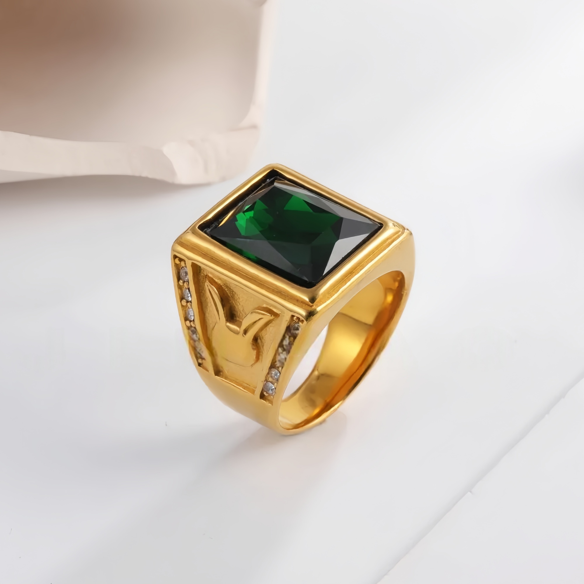 Vintage 24K gold-plated square crystal stainless steel ring for men | BL101-JinBaoJewerly