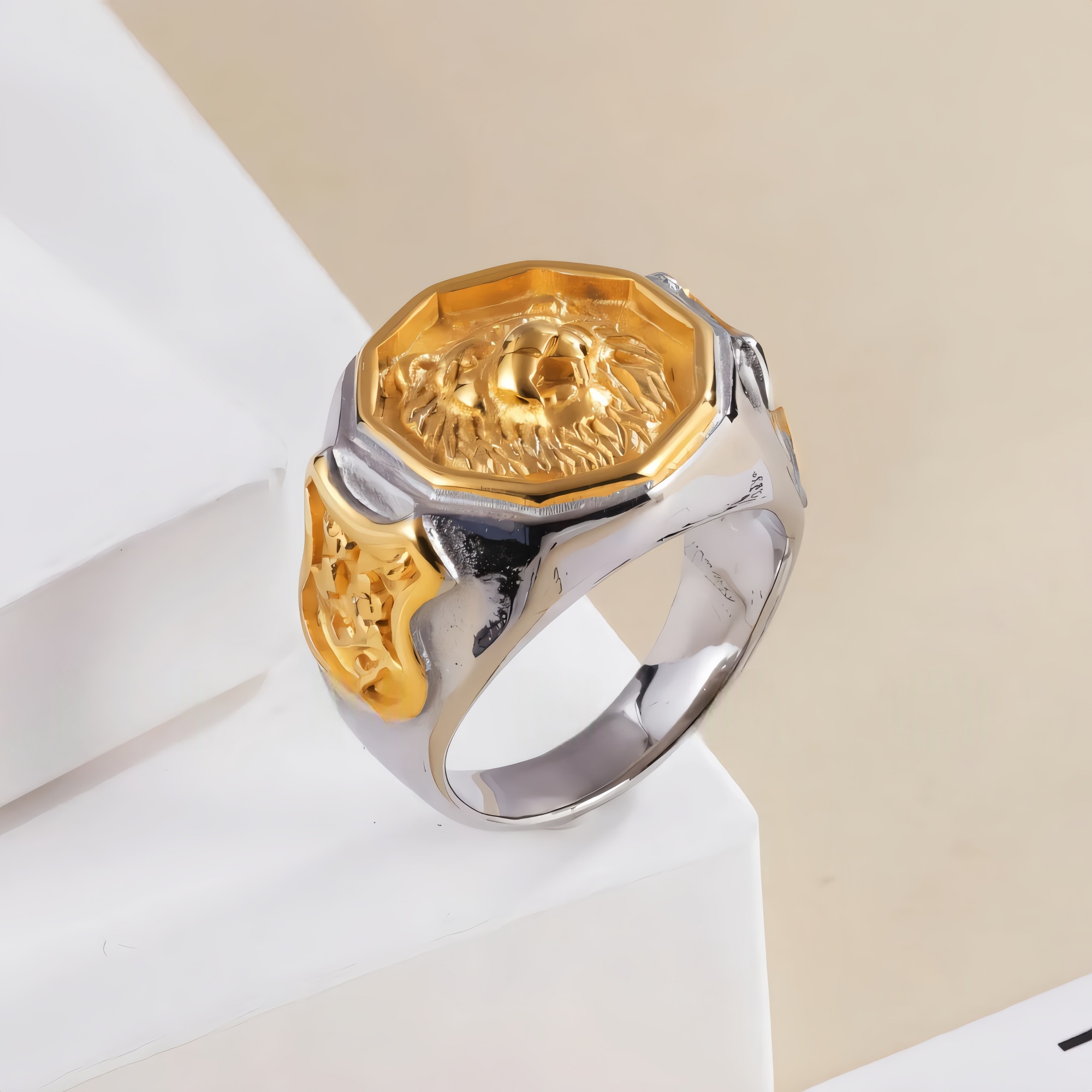 Vintage octagonal lion head stainless steel men's ring | G001011-JinBaoJewerly