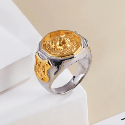 Vintage octagonal lion head stainless steel men's ring | G001011-JinBaoJewerly