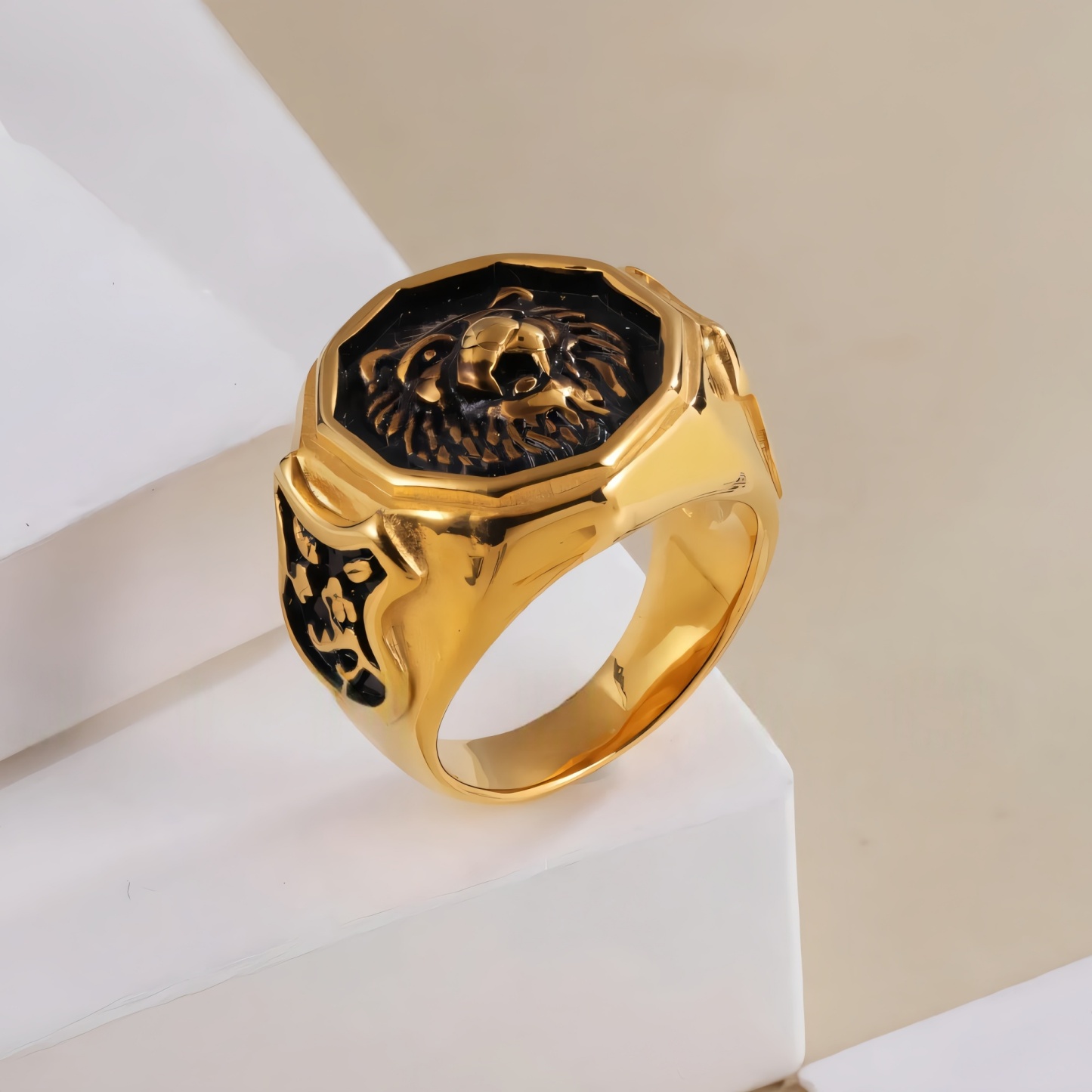 Vintage octagonal lion head stainless steel men's ring | G001011-JinBaoJewerly