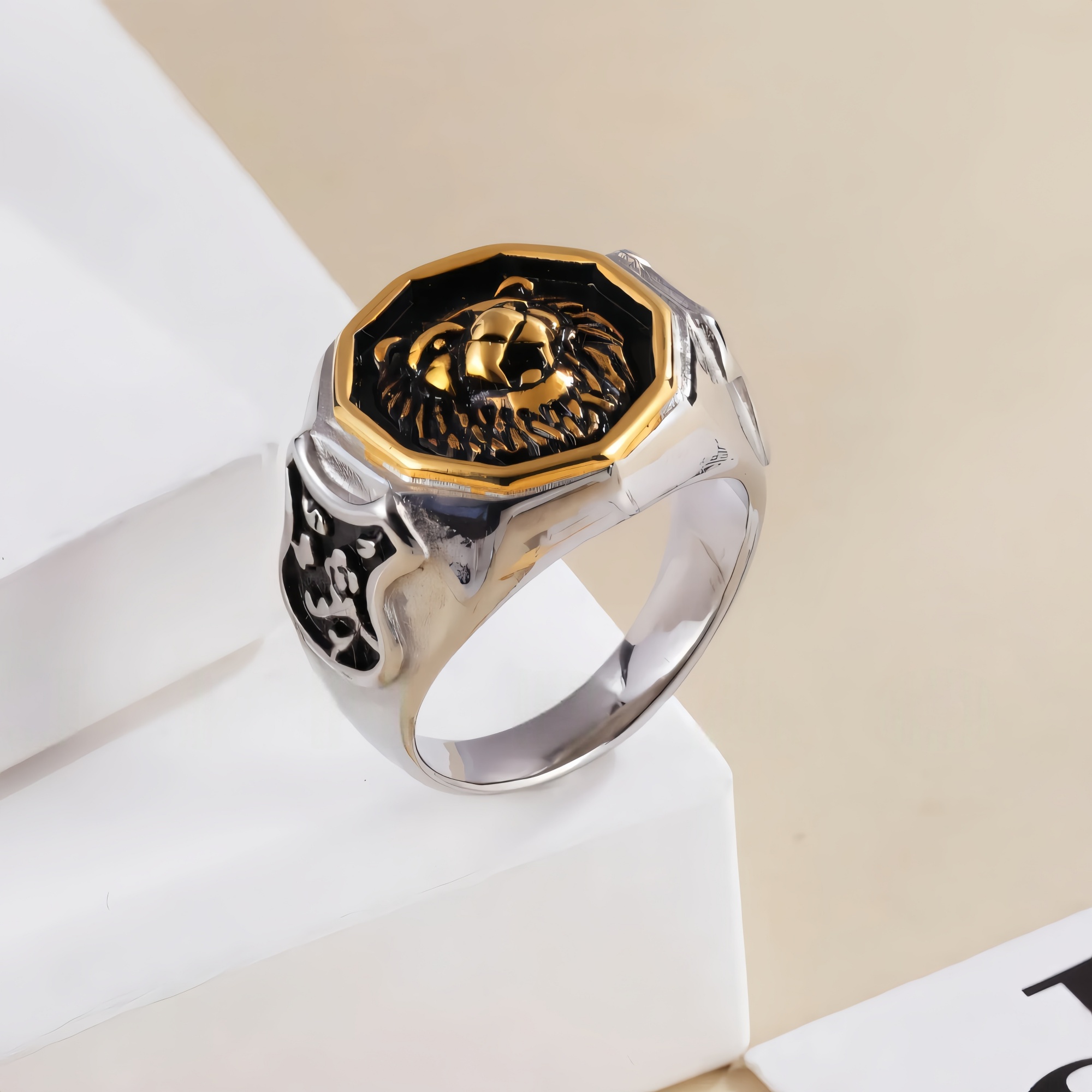 Vintage octagonal lion head stainless steel men's ring | G001011-JinBaoJewerly