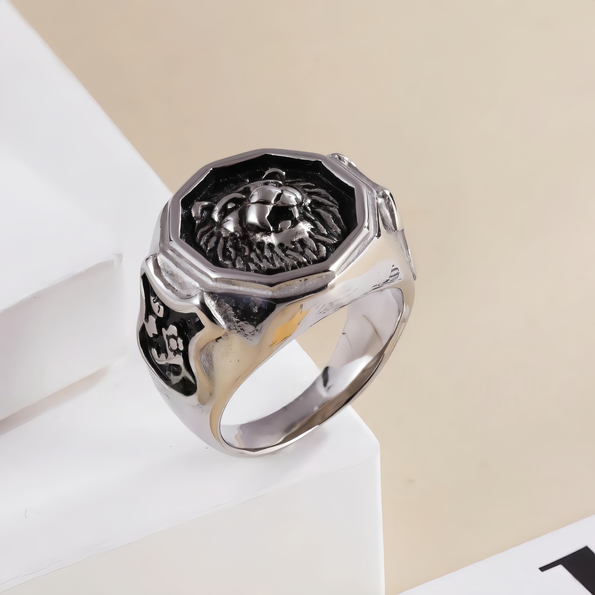 Vintage octagonal lion head stainless steel men's ring | G001011-JinBaoJewerly