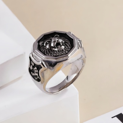 Vintage octagonal lion head stainless steel men's ring | G001011-JinBaoJewerly