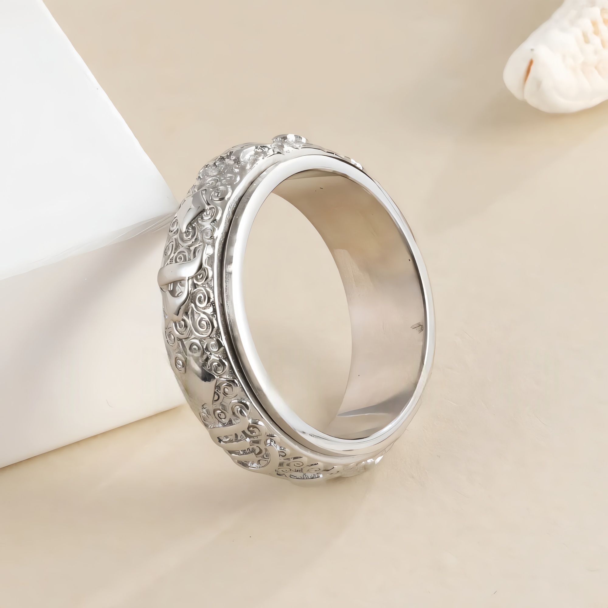 Rotatable Stainless Steel Ring Buddhist Scripture Design Meditation Band | A375-JinBaoJewerly