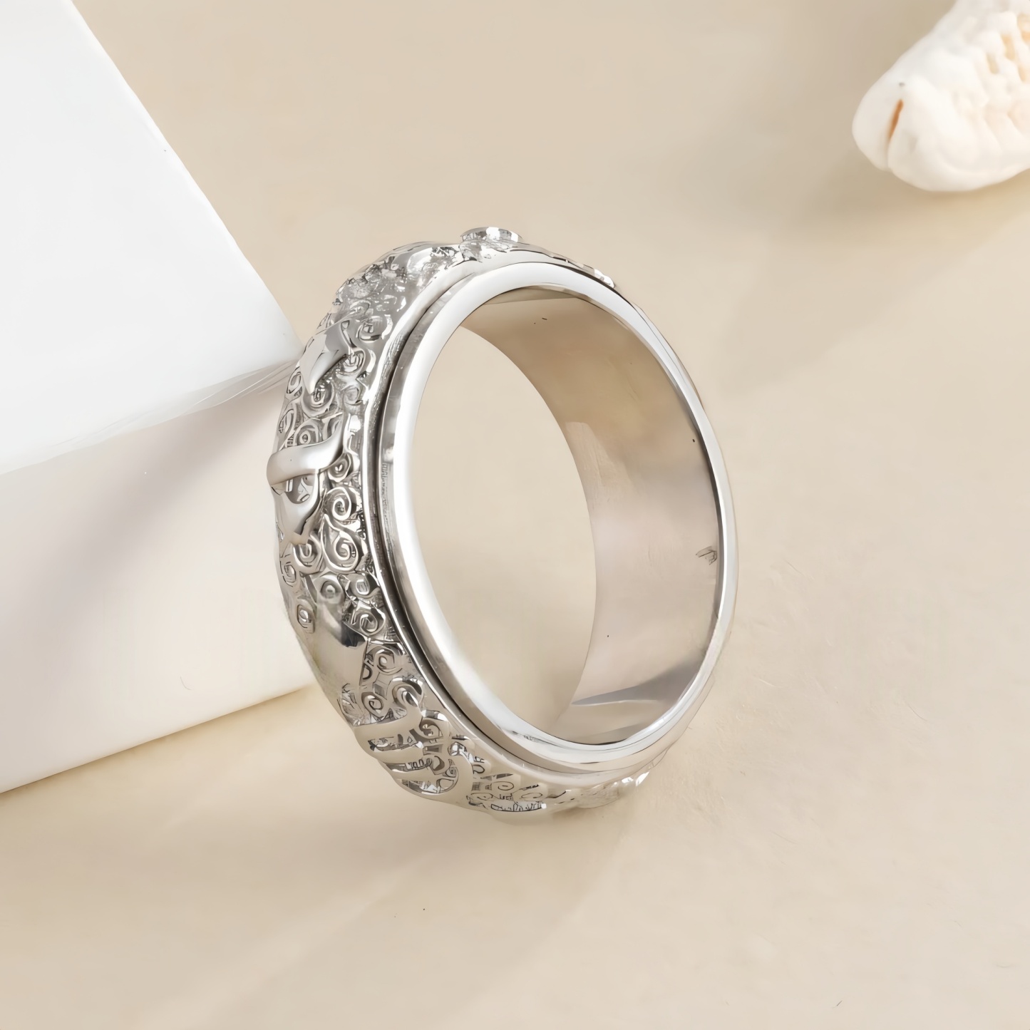 Rotatable Stainless Steel Ring Buddhist Scripture Design Meditation Band | A375-JinBaoJewerly