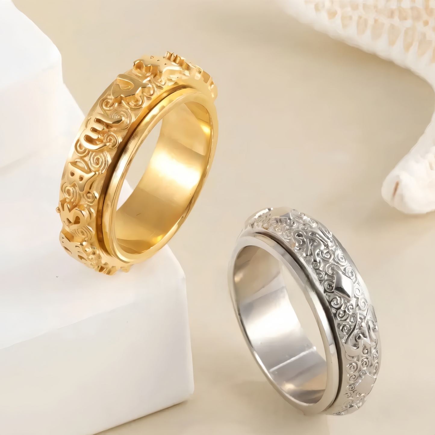 Rotatable Stainless Steel Ring Buddhist Scripture Design Meditation Band | A375-JinBaoJewerly