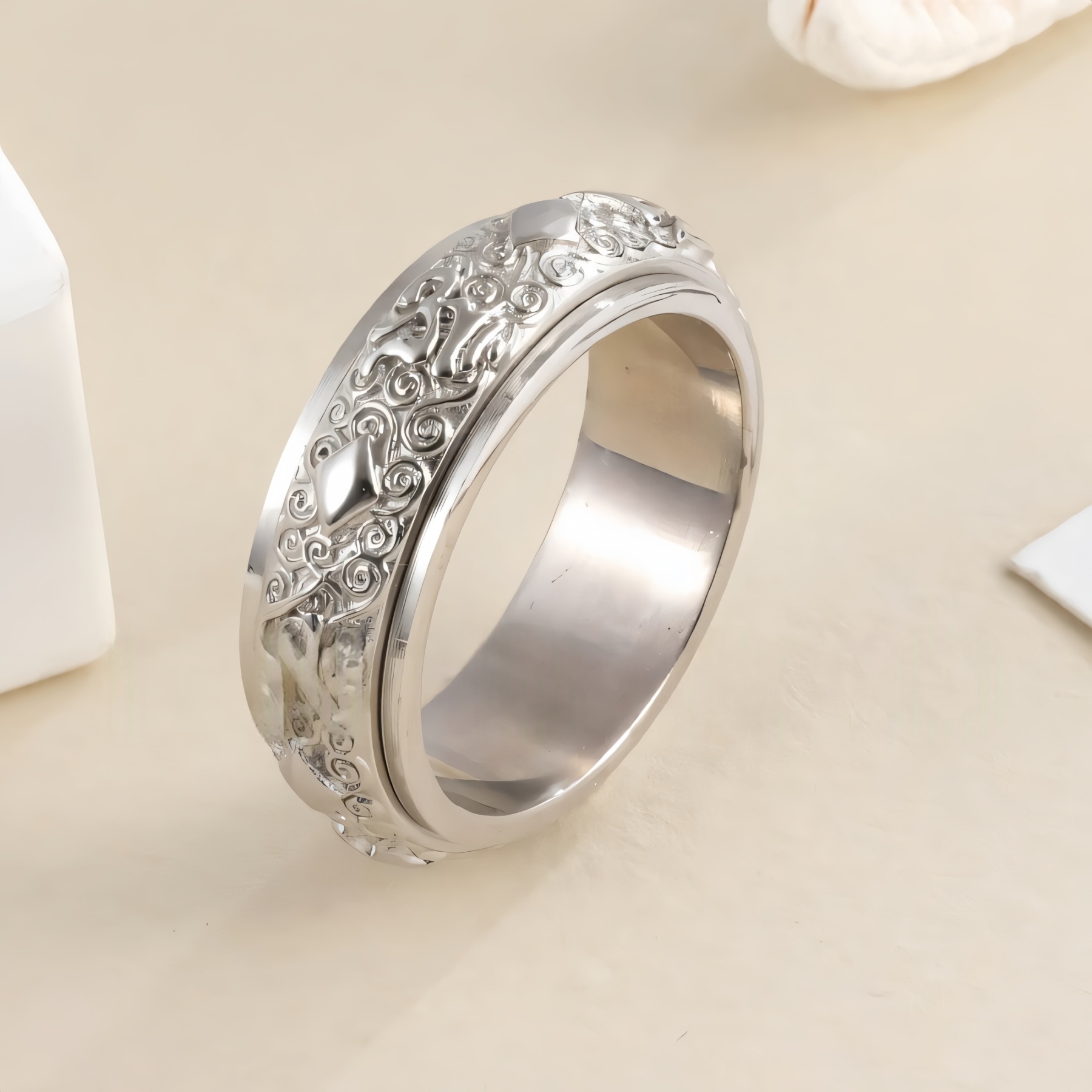 Rotatable Stainless Steel Ring Buddhist Scripture Design Meditation Band | A375-JinBaoJewerly