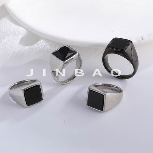 Simple Square Black Gemstone Stainless Steel Ring Men's Ring | BL407-JinBaoJewerly