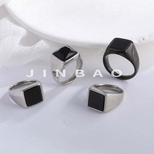 Simple Square Black Gemstone Stainless Steel Ring Men's Ring | BL407-JinBaoJewerly