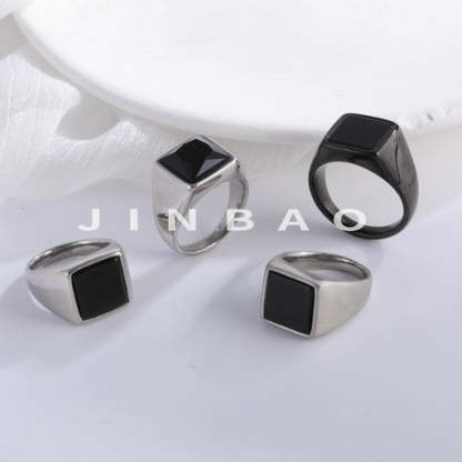 Simple Square Black Gemstone Stainless Steel Ring Men's Ring | BL407-JinBaoJewerly