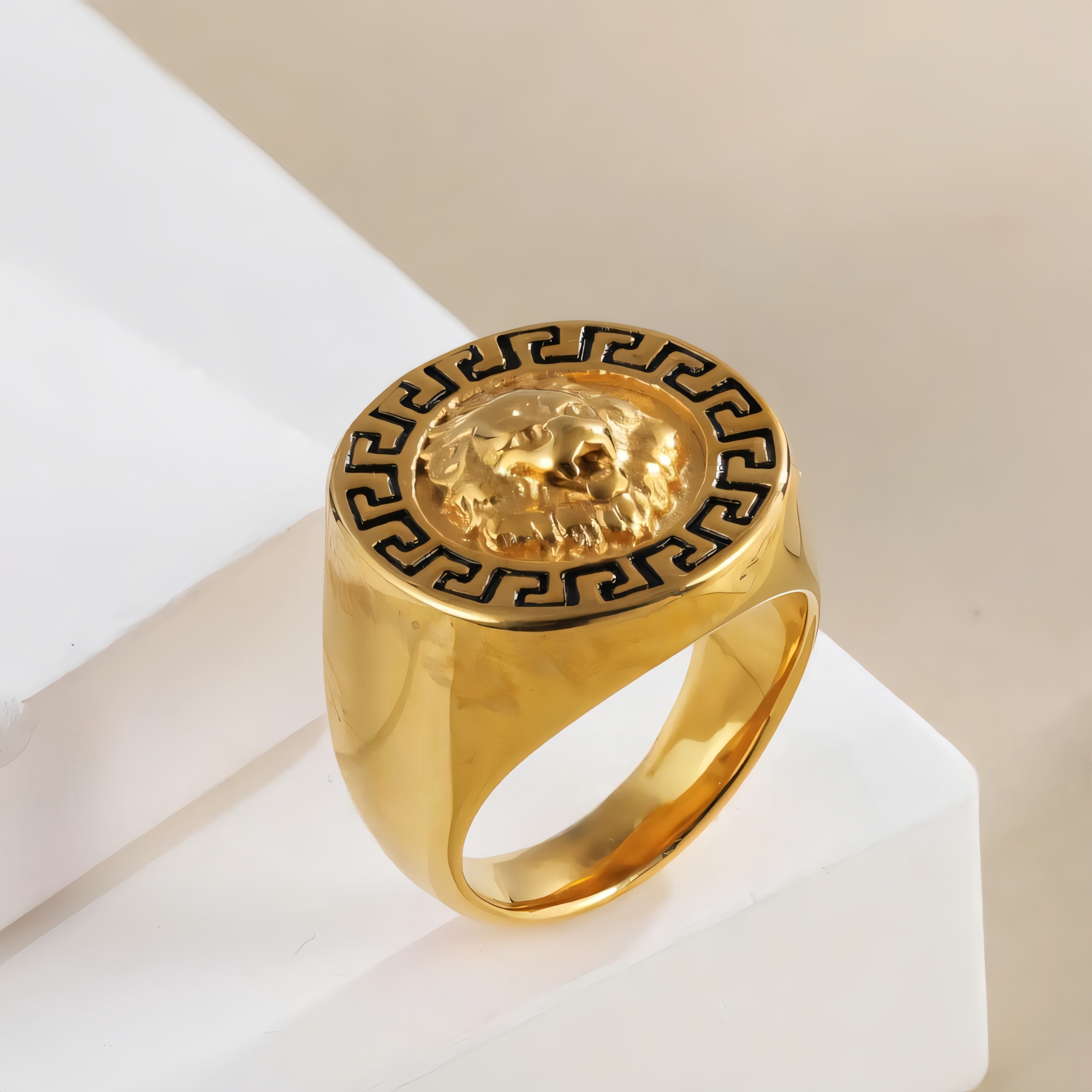 Stainless Steel Lion Head with Greek Key Pattern Men ring | A385-JinBaoJewerly