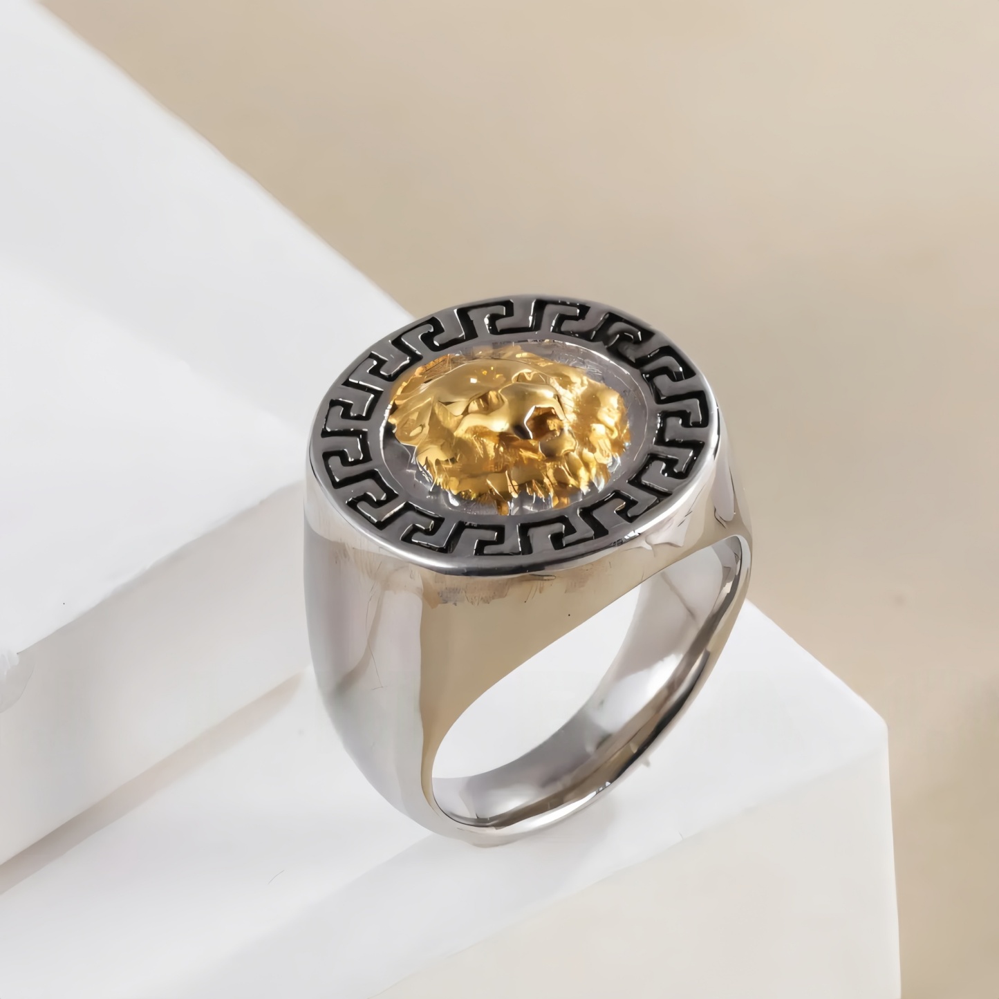Stainless Steel Lion Head with Greek Key Pattern Men ring | A385-JinBaoJewerly