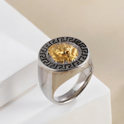 Stainless Steel Lion Head with Greek Key Pattern Men ring | A385-JinBaoJewerly