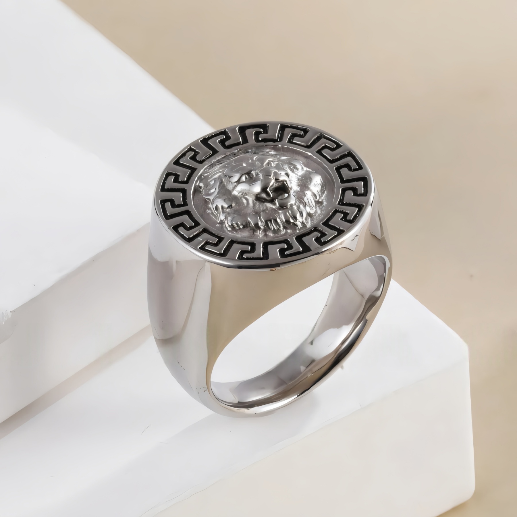 Stainless Steel Lion Head with Greek Key Pattern Men ring | A385-JinBaoJewerly