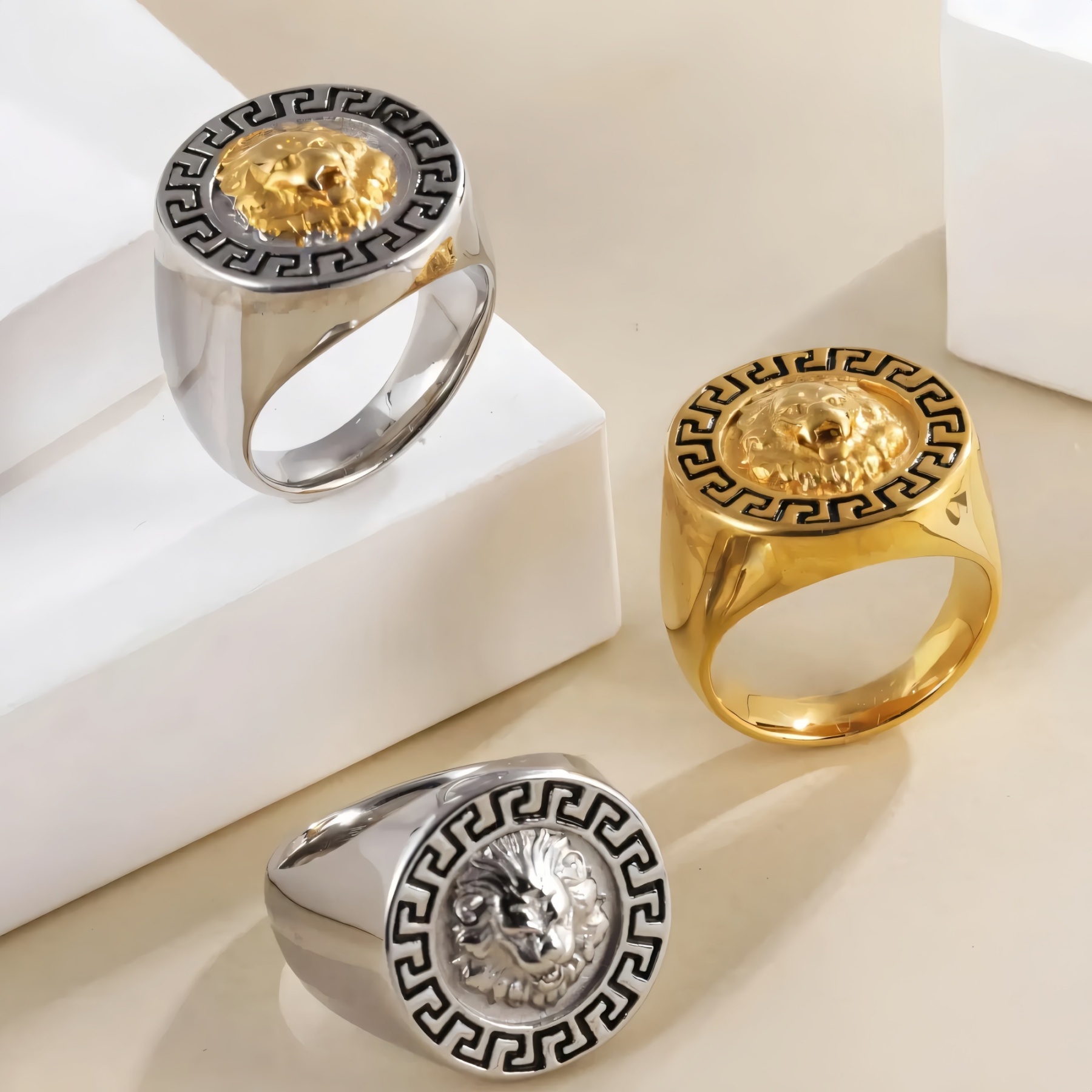Stainless Steel Lion Head with Greek Key Pattern Men ring | A385-JinBaoJewerly