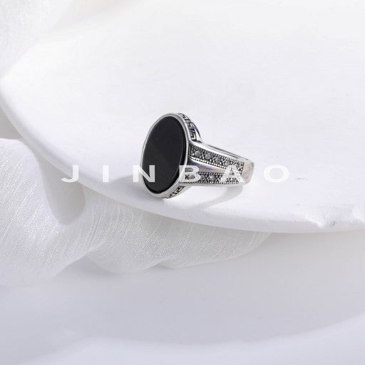 Stainless Steel Ring with Black Onyx Stone Retro Statement Ring for Men | K002760-JinBaoJewerly