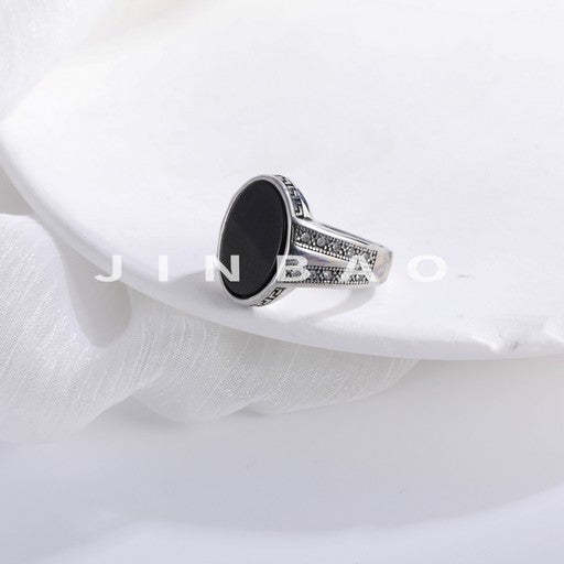 Stainless Steel Ring with Black Onyx Stone Retro Statement Ring for Men | K002760-JinBaoJewerly