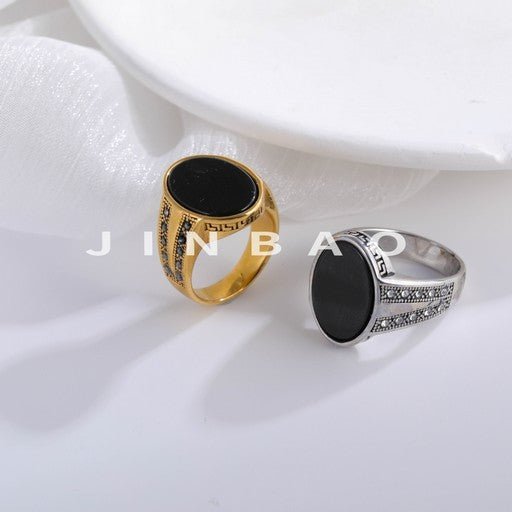 Stainless Steel Ring with Black Onyx Stone Retro Statement Ring for Men | K002760-JinBaoJewerly