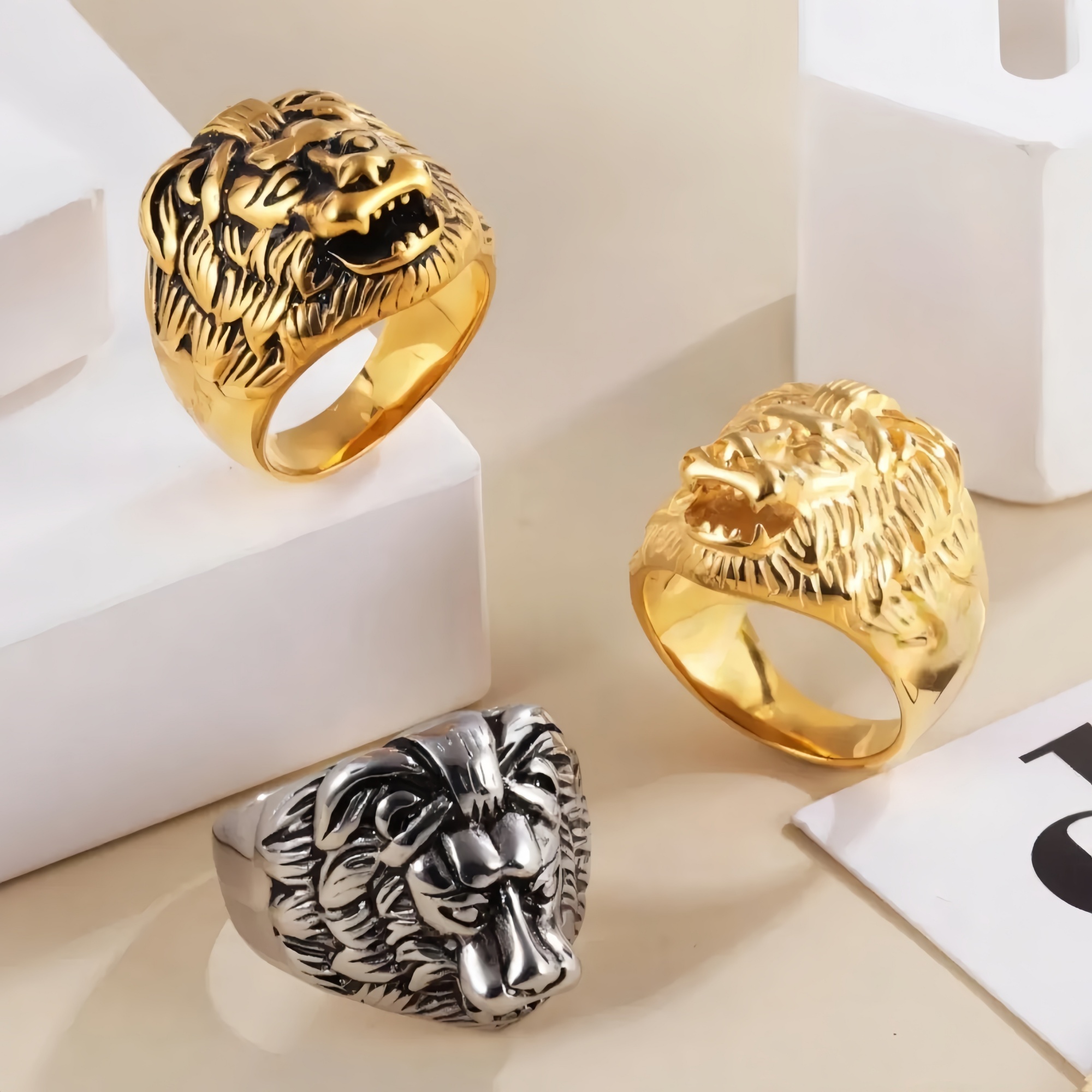 Stainless Steel Roaring Lion Men's Ring | Vintage Style Unique Animal Jewelry | DZ834-JinBaoJewerly