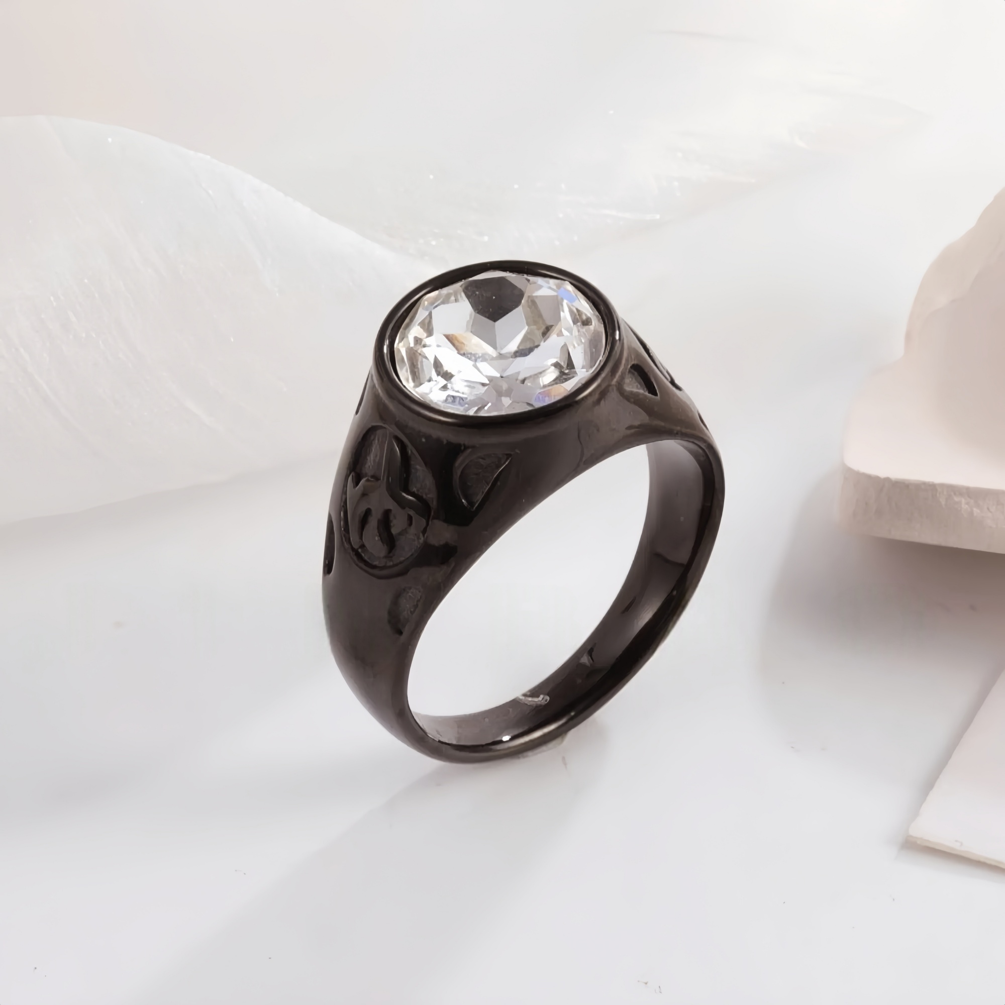 Vintage Black Stainless Steel Gemstone Ring Trendy Statement Ring for Men and Women | B404-JinBaoJewerly