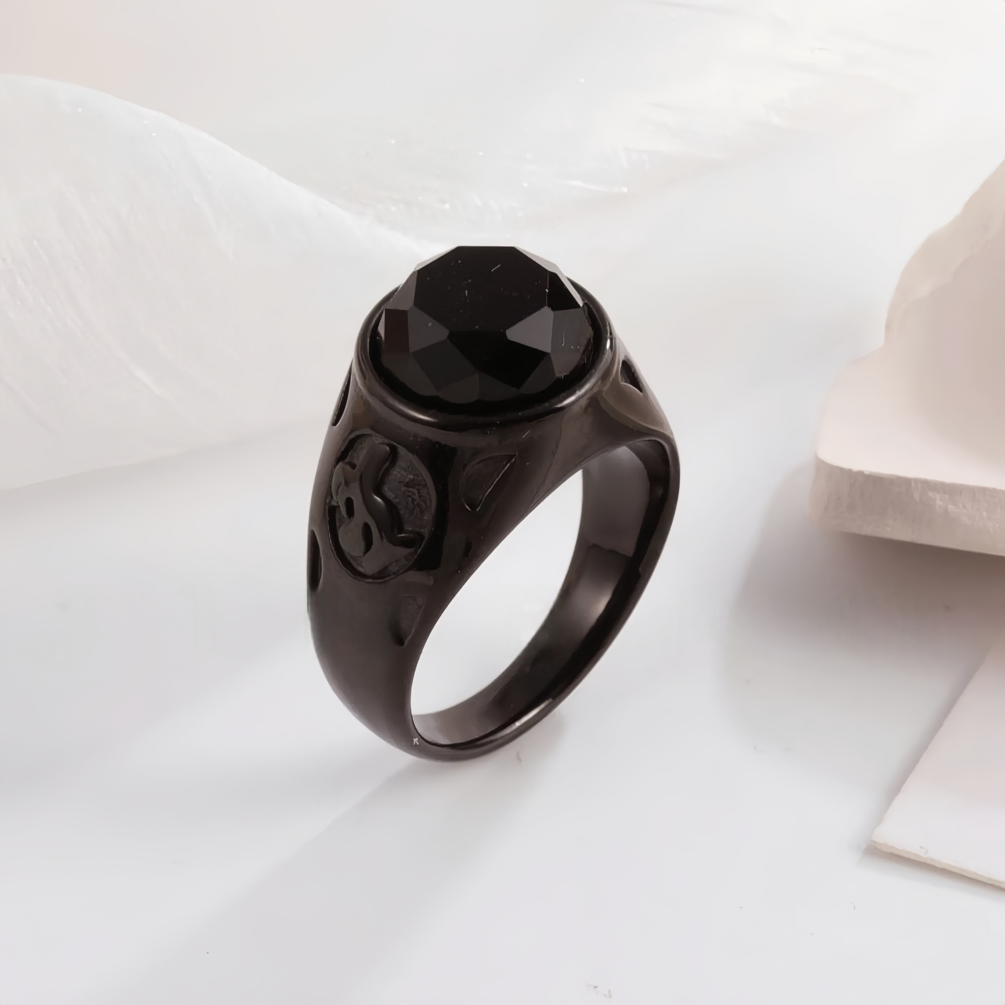 Vintage Black Stainless Steel Gemstone Ring Trendy Statement Ring for Men and Women | B404-JinBaoJewerly