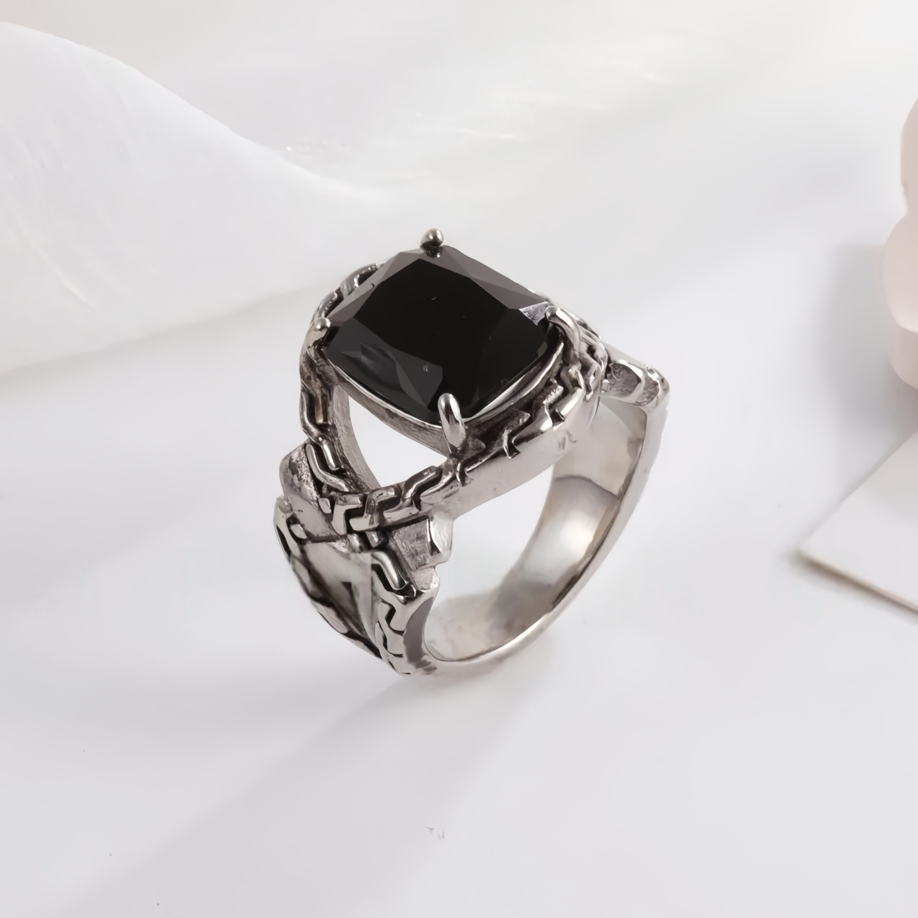 Vintage Chain Inlaid Gemstone Ring Men's Fashion Square Ring | K00659-JinBaoJewerly