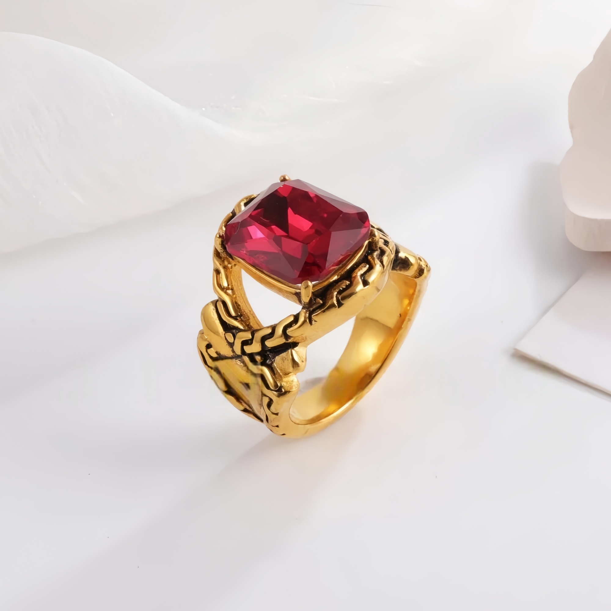 Vintage Chain Inlaid Gemstone Ring Men's Fashion Square Ring | K00659-JinBaoJewerly