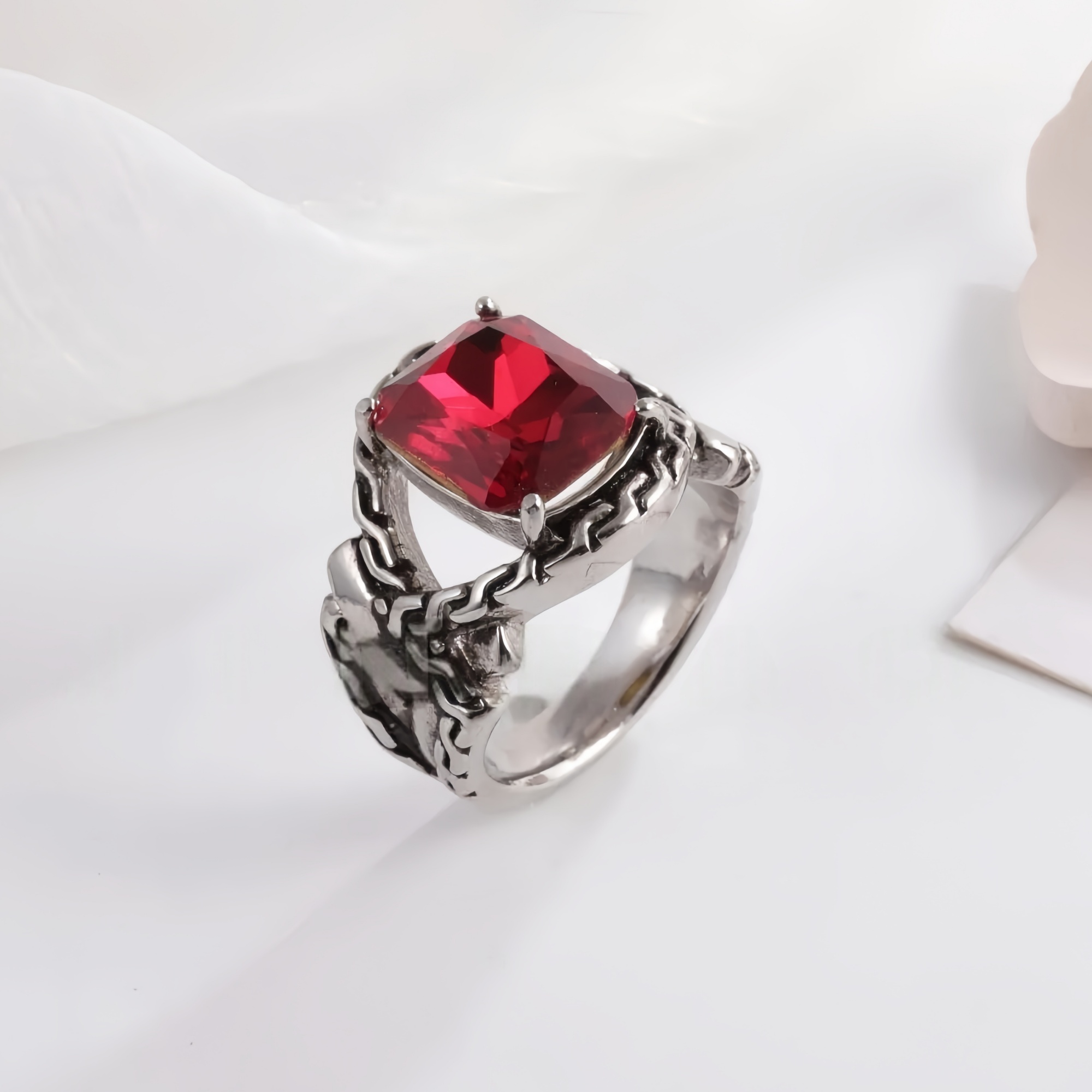 Vintage Chain Inlaid Gemstone Ring Men's Fashion Square Ring | K00659-JinBaoJewerly