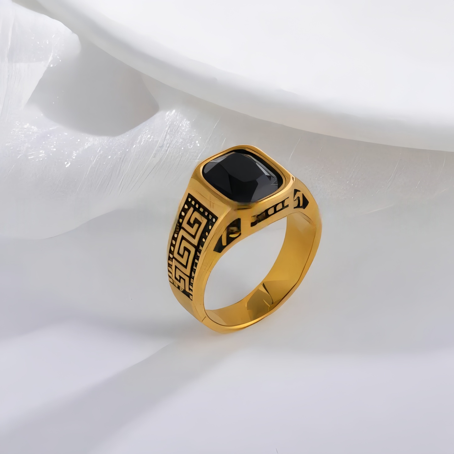 Vintage Greek Pattern Stainless Steel Ring with Gemstone Decoration Men's Ring | K0058-JinBaoJewerly