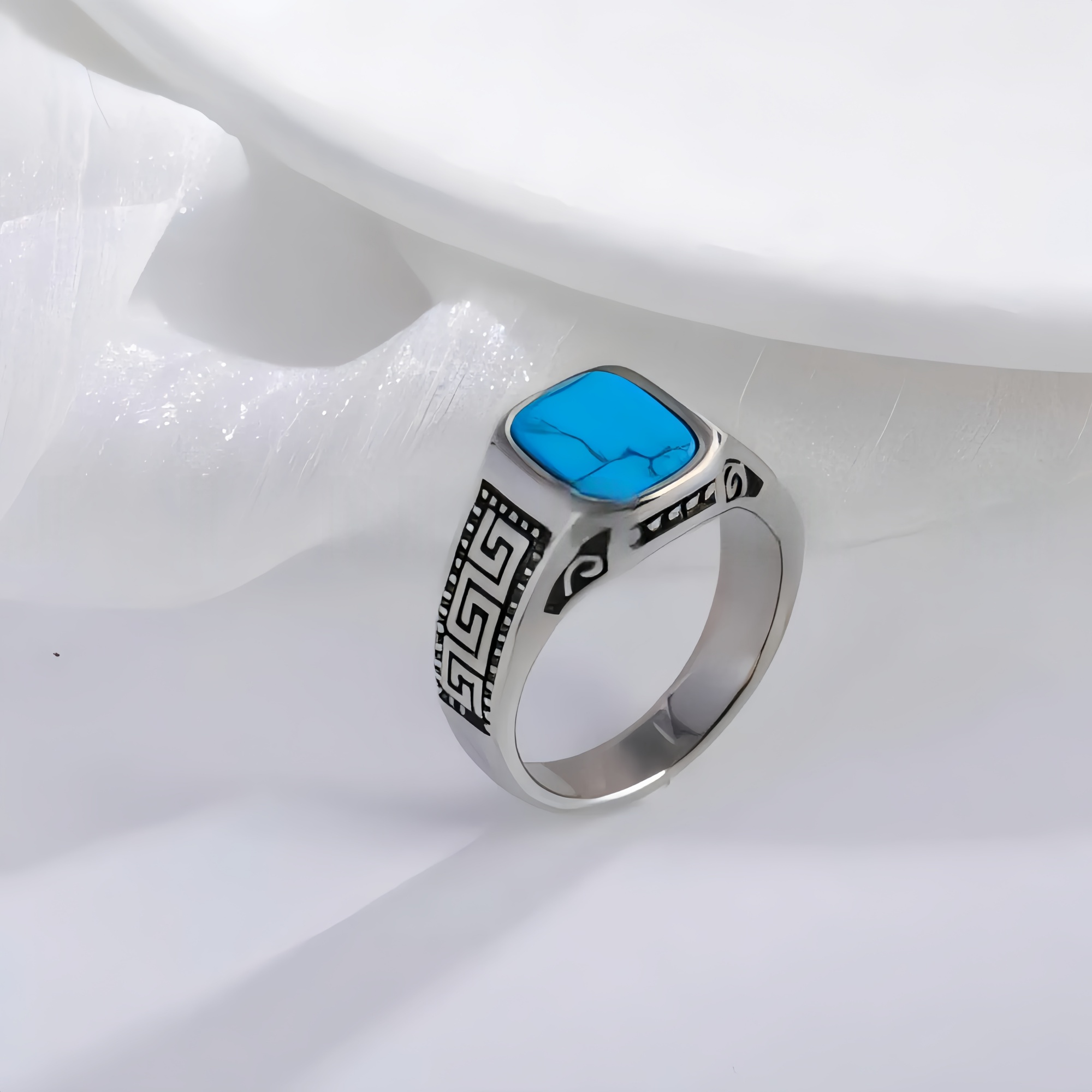 Vintage Greek Pattern Stainless Steel Ring with Gemstone Decoration Men's Ring | K0058-JinBaoJewerly