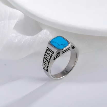 Vintage Greek Pattern Stainless Steel Ring with Gemstone Decoration Men's Ring | K0058-JinBaoJewerly