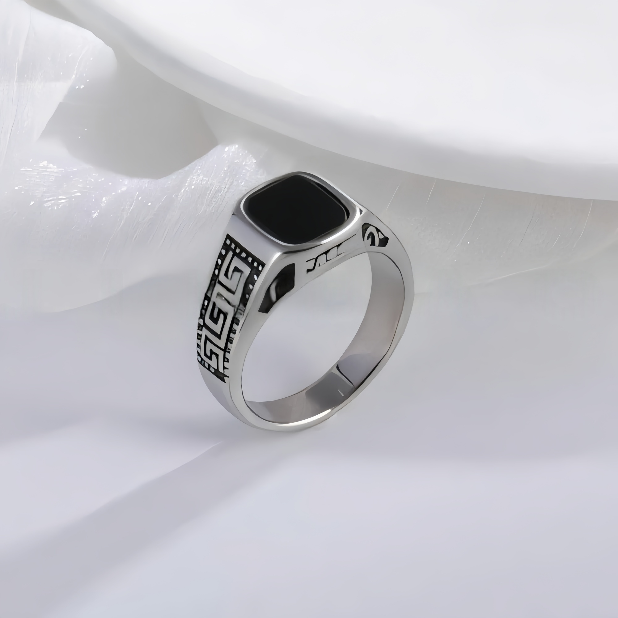Vintage Greek Pattern Stainless Steel Ring with Gemstone Decoration Men's Ring | K0058-JinBaoJewerly