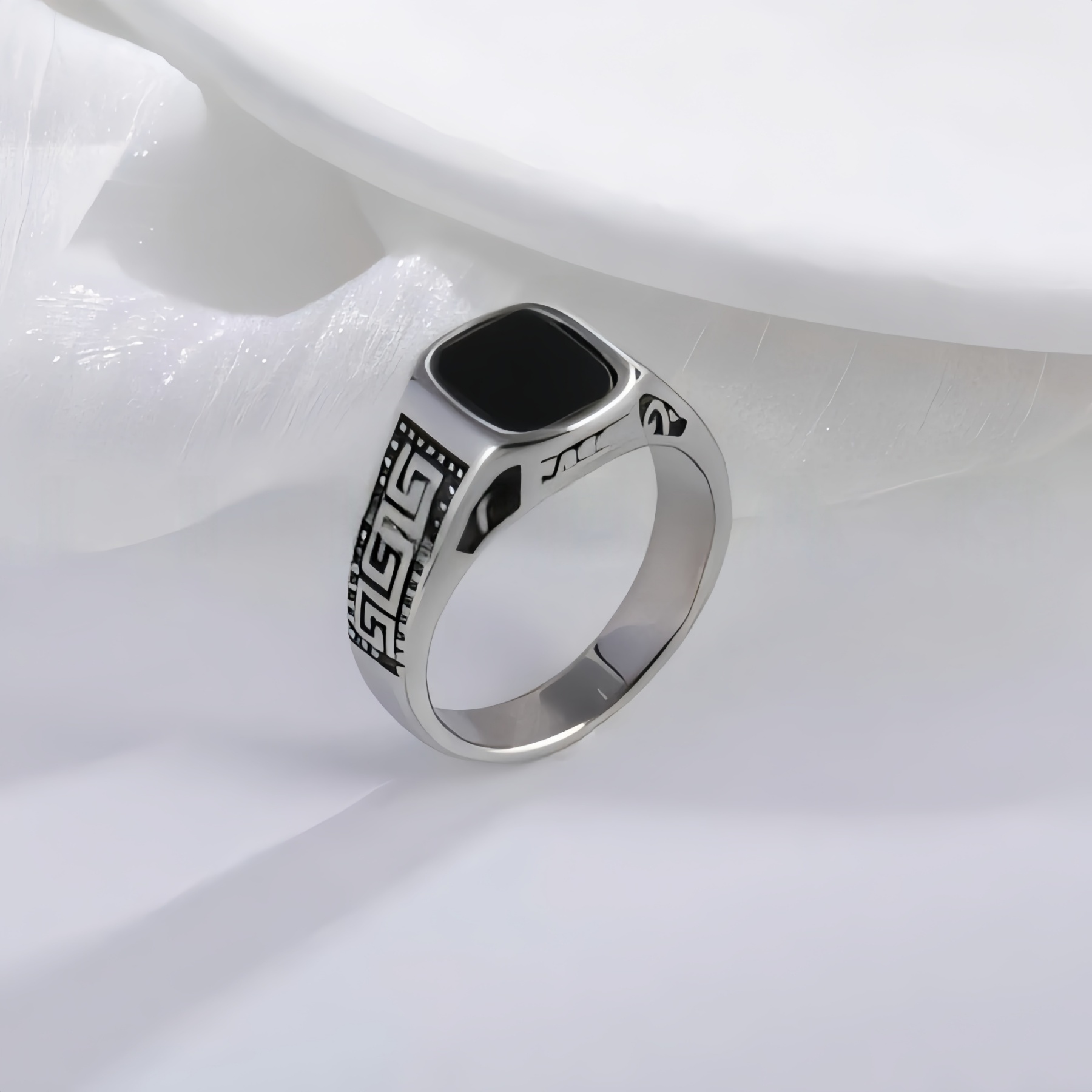 Vintage Greek Pattern Stainless Steel Ring with Gemstone Decoration Men's Ring | K0058-JinBaoJewerly