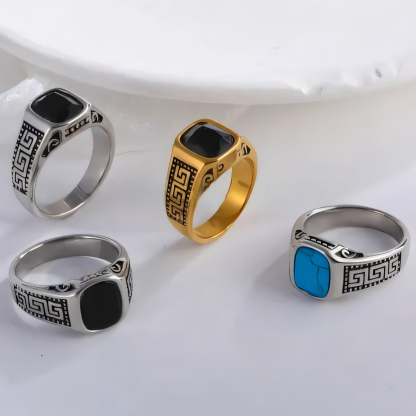 Vintage Greek Pattern Stainless Steel Ring with Gemstone Decoration Men's Ring | K0058-JinBaoJewerly