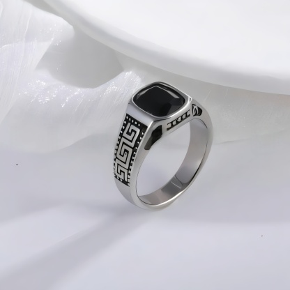 Vintage Greek Pattern Stainless Steel Ring with Gemstone Decoration Men's Ring | K0058-JinBaoJewerly