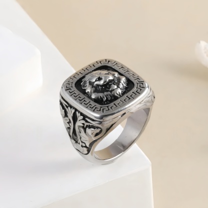 Vintage Lion Head Square Stainless Steel Ring Unique Design | G00771-JinBaoJewerly
