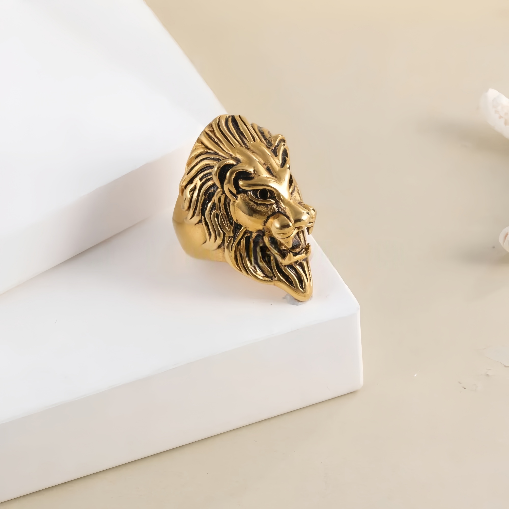 Vintage Lion Head Stainless Steel Ring with Red Eyes Unique Design | DZ350-JinBaoJewerly