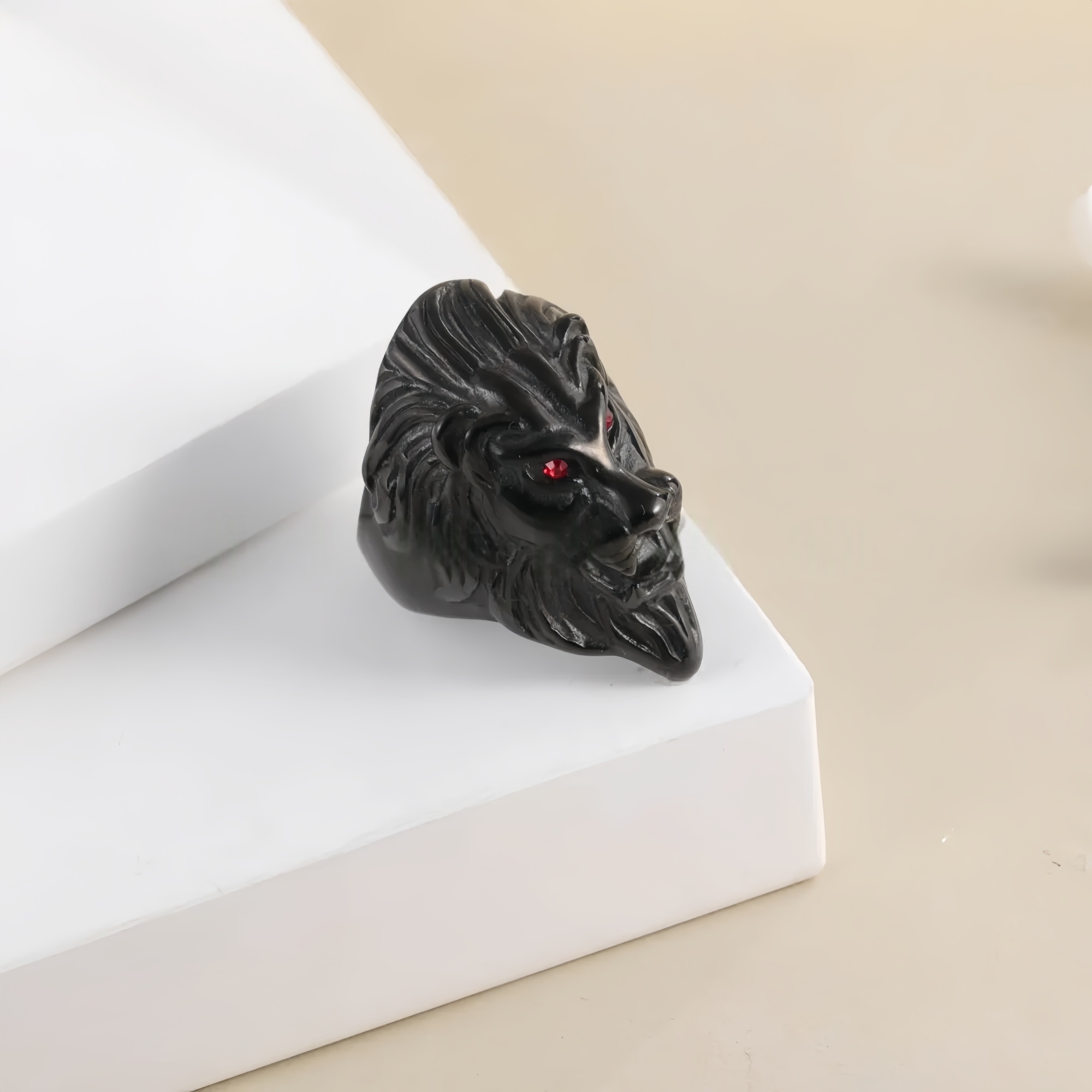 Vintage Lion Head Stainless Steel Ring with Red Eyes Unique Design | DZ350-JinBaoJewerly