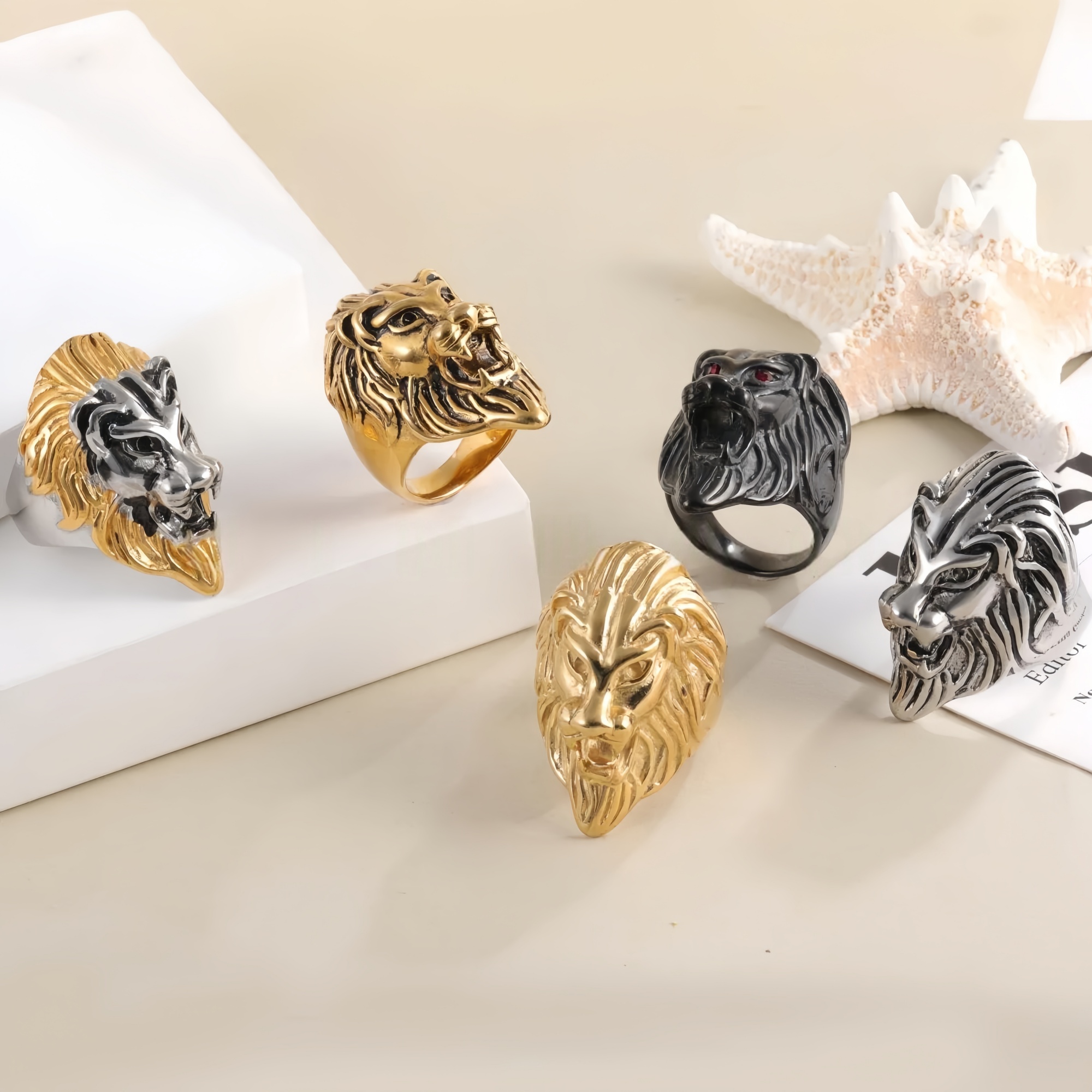 Vintage Lion Head Stainless Steel Ring with Red Eyes Unique Design | DZ350-JinBaoJewerly