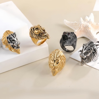 Vintage Lion Head Stainless Steel Ring with Red Eyes Unique Design | DZ350-JinBaoJewerly