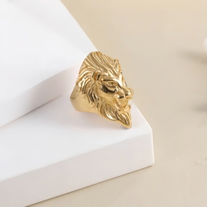 Vintage Lion Head Stainless Steel Ring with Red Eyes Unique Design | DZ350-JinBaoJewerly