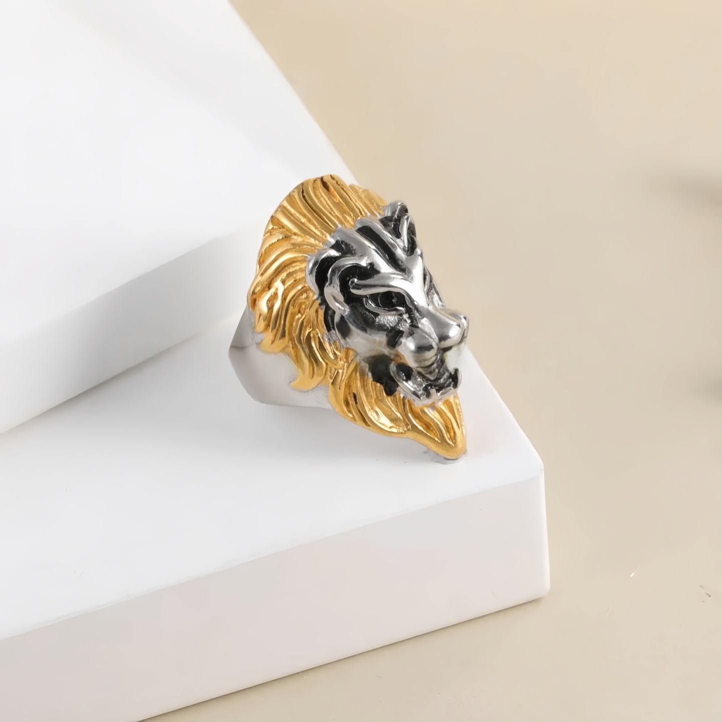 Vintage Lion Head Stainless Steel Ring with Red Eyes Unique Design | DZ350-JinBaoJewerly