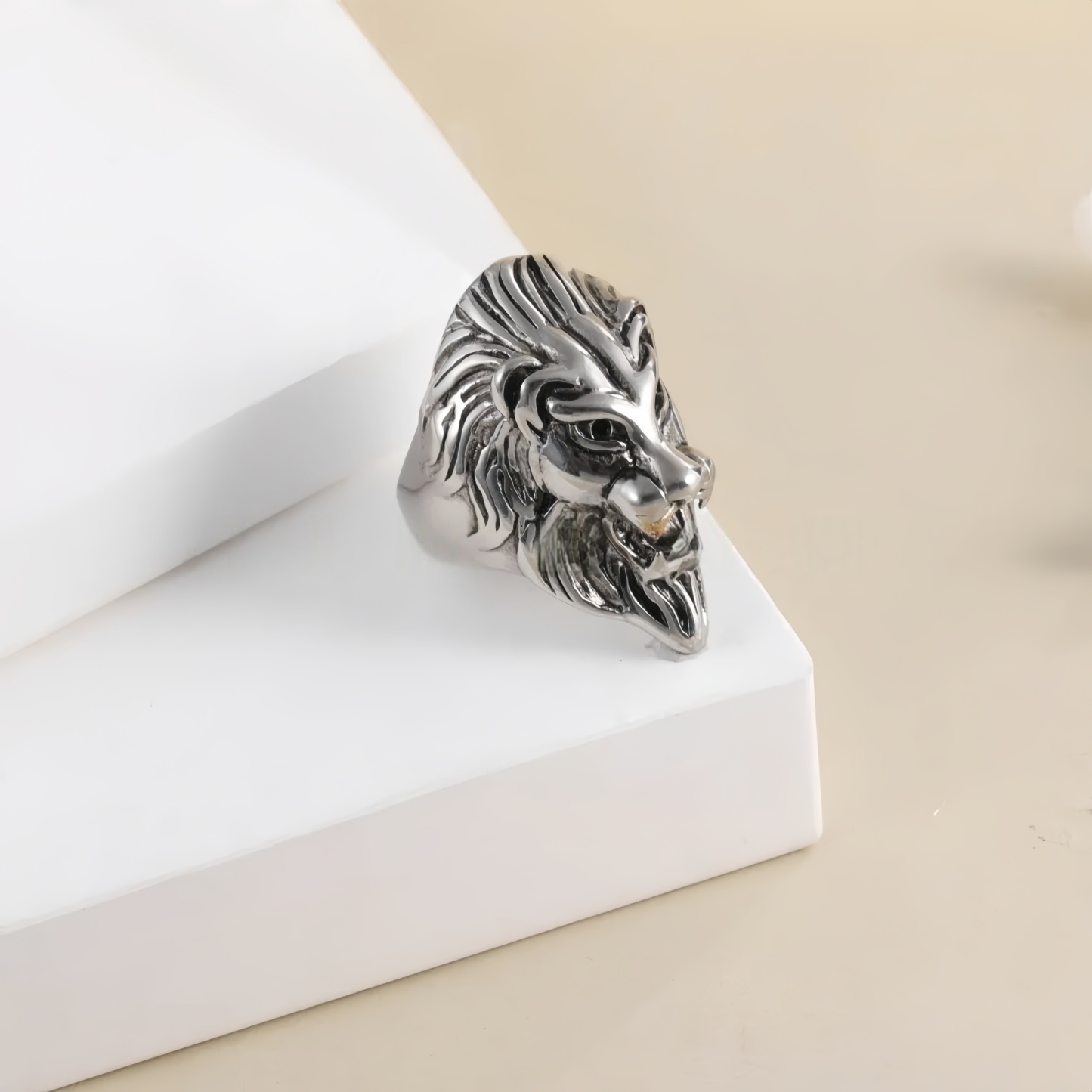 Vintage Lion Head Stainless Steel Ring with Red Eyes Unique Design | DZ350-JinBaoJewerly